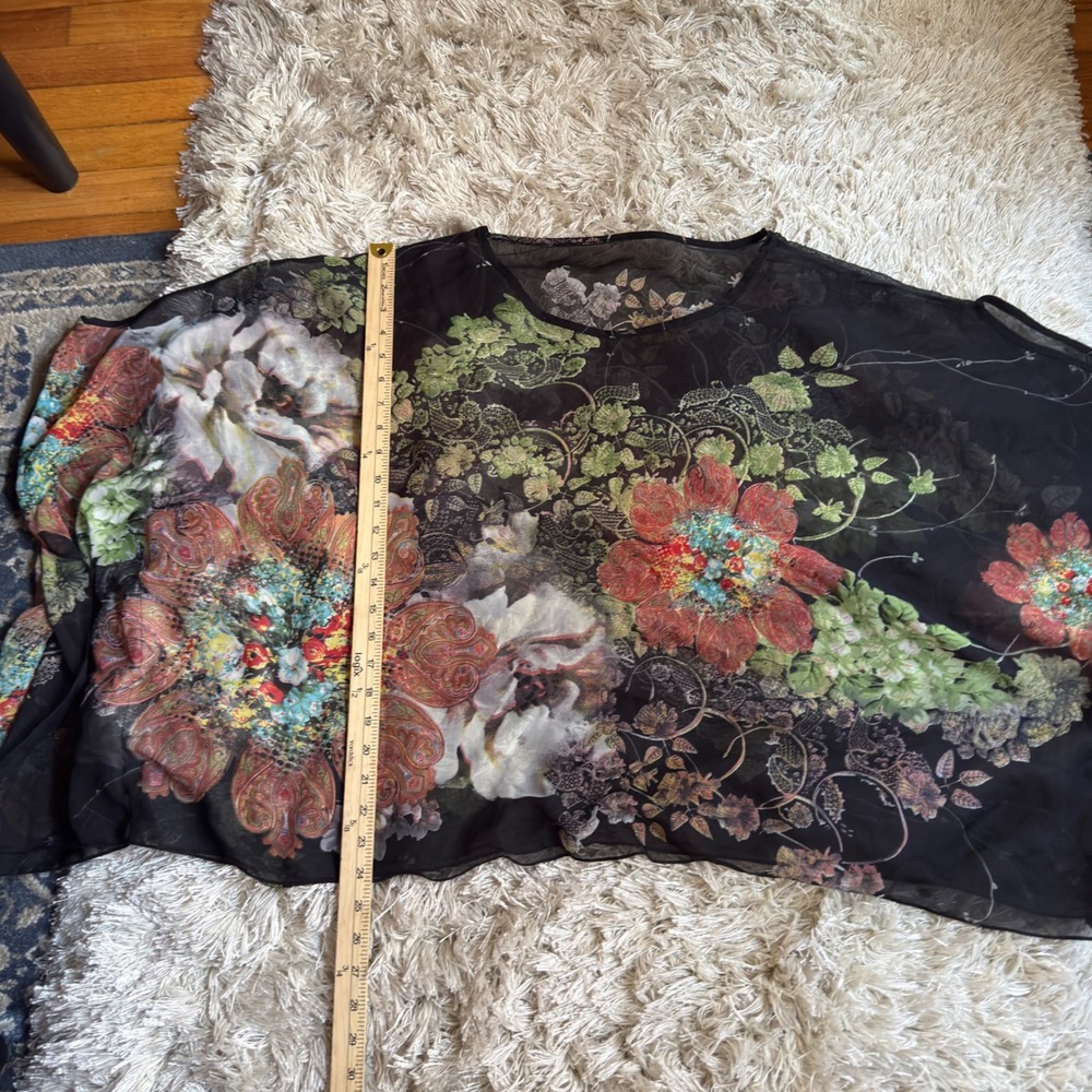 Boho Sheer Chiffon Poncho Top Womens One Size Black Floral Paisley Draped Blouse - Picture 8 of 16